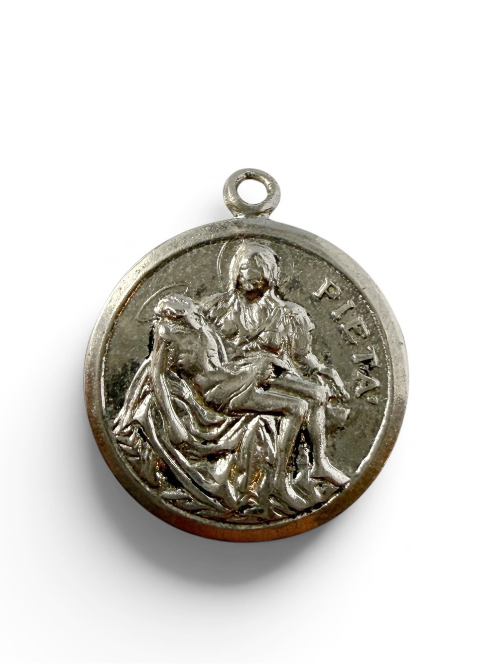 Vintage Pieta Blessed Virgin Mary Christ Medal Pendant Charm Sterling Silver